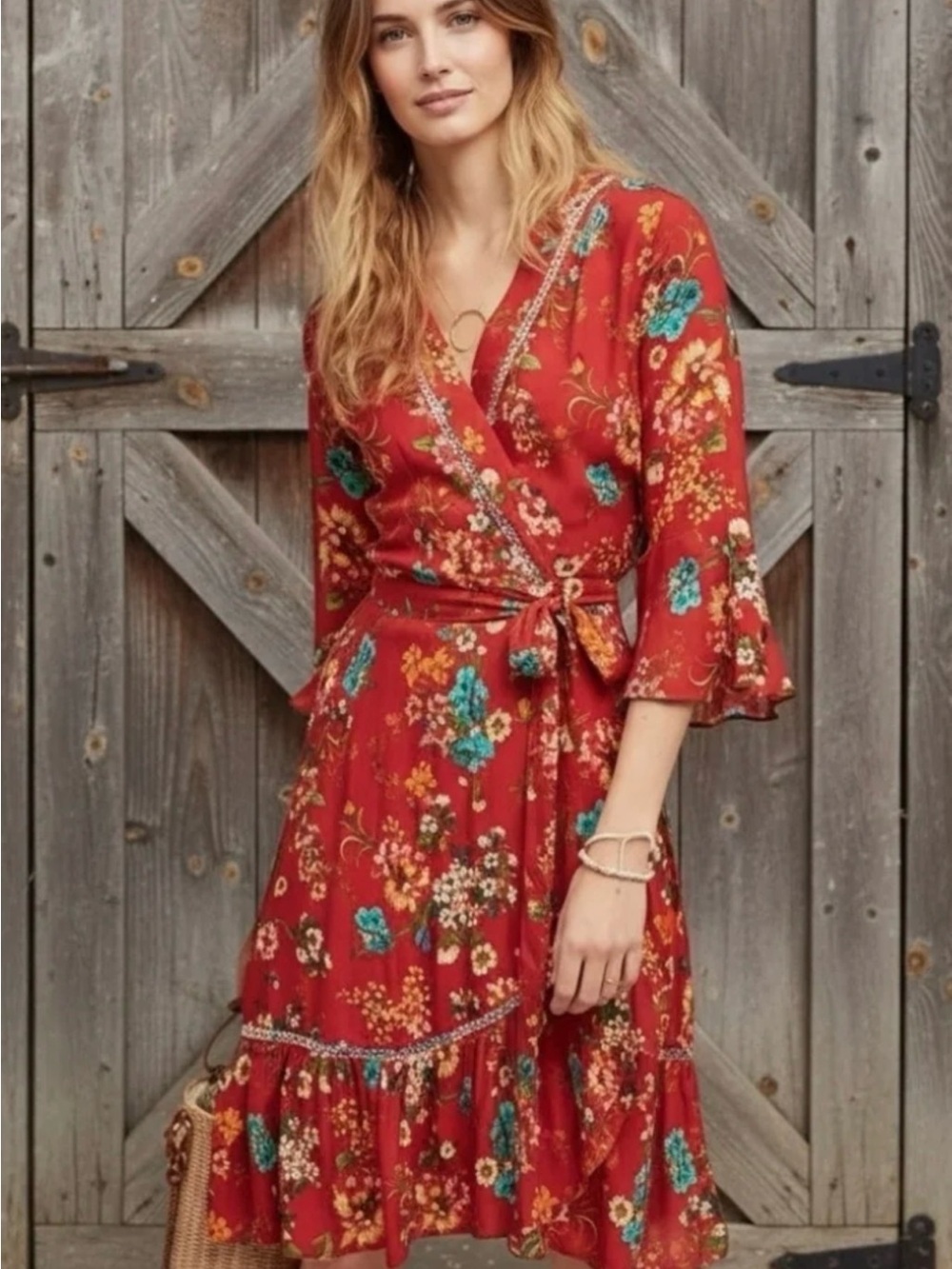 FARM Rio x Anthropologie Kenzie Red Floral Wrap Midi Dress NWT Size XS